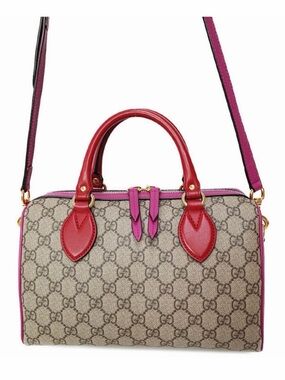 Gucci GG Supreme Boston Bag Hibiscus Red Handle, Pink Shoulder Strap & Trimmings